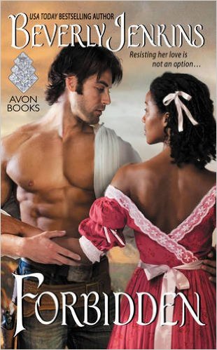 Cover for Forbidden by Beverley Jenkins: A Black woman holding a white-passing man.