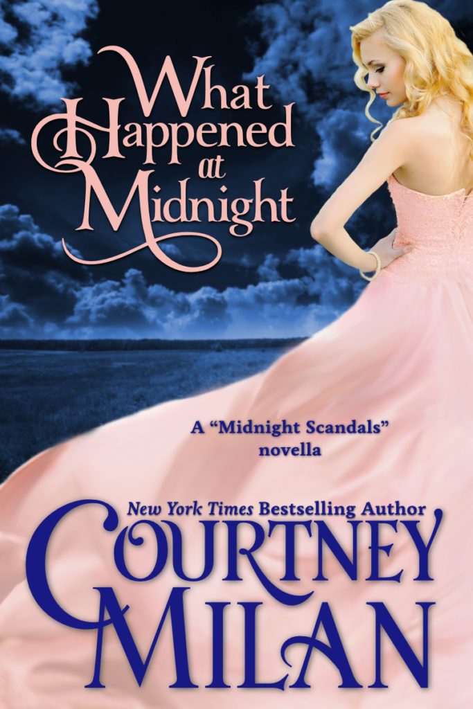 Cover for What Happened at Midnight by Courtney Milan: a woman in a light pink dress against a night sky.