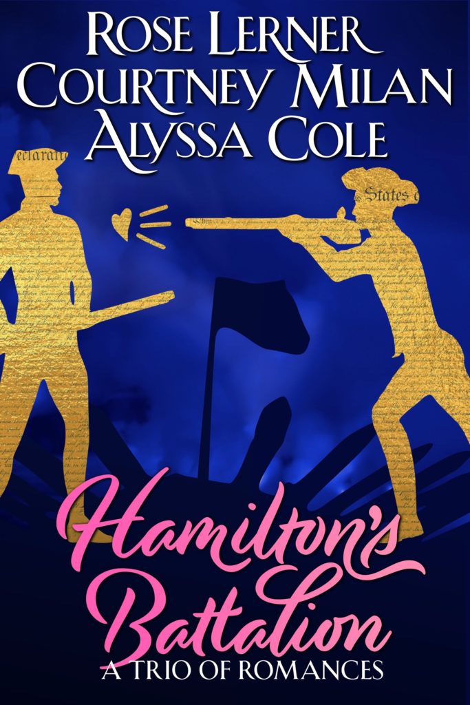 Cover for Hamilton's Battalion by Rose Lerner, Courtney Milan, and Alyssa Cole: paper figures cut out from the Declaration of Independence, shooting at one another