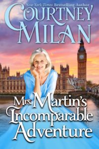 Cover for Mrs. Martin's Incomparable Adventure: An older white woman in a light blue gown in front of Parliament