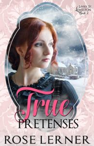 Cover of True Pretenses by Rose Lerner: a white woman with red hair and a snowy town in the background