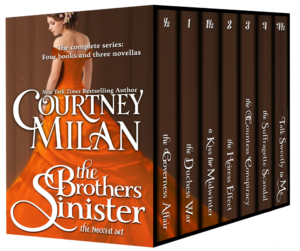 3d boxed set for the Brothers Sinister series: a woman wearing an orange dress