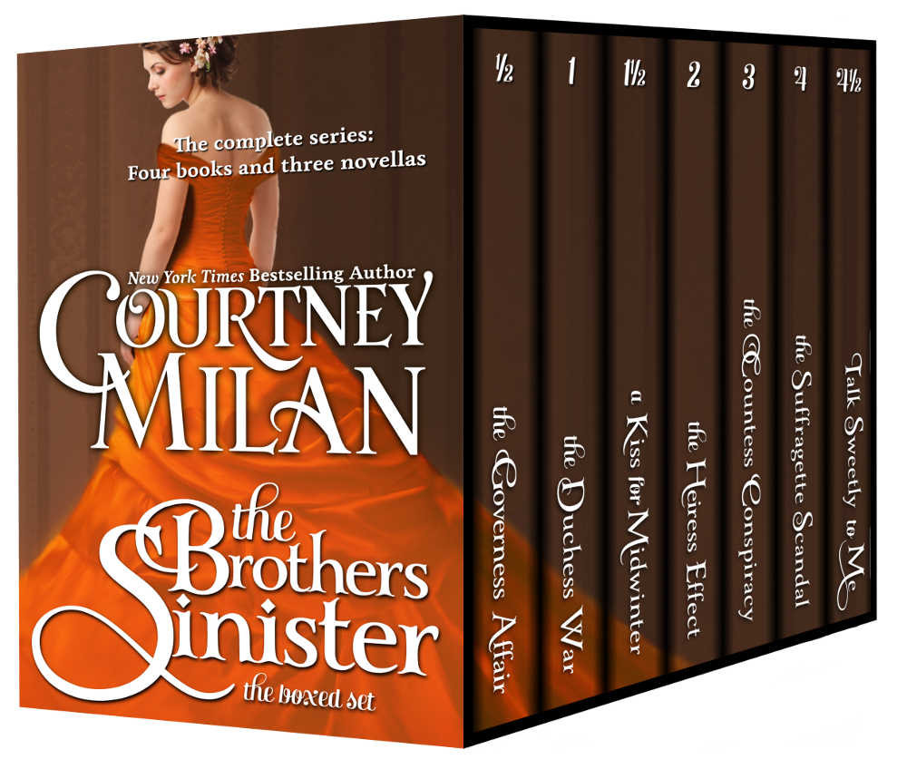 3d boxed set for the Brothers Sinister series: a woman wearing an orange dress