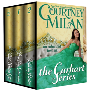 3d boxed set of courtney milan's the Carhart series; cover image is a white woman in a green dress on a sofa.