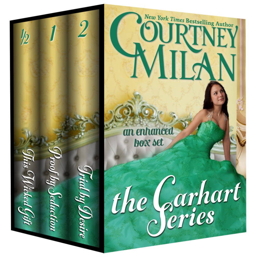 3d boxed set of courtney milan's the Carhart series; cover image is a white woman in a green dress on a sofa.