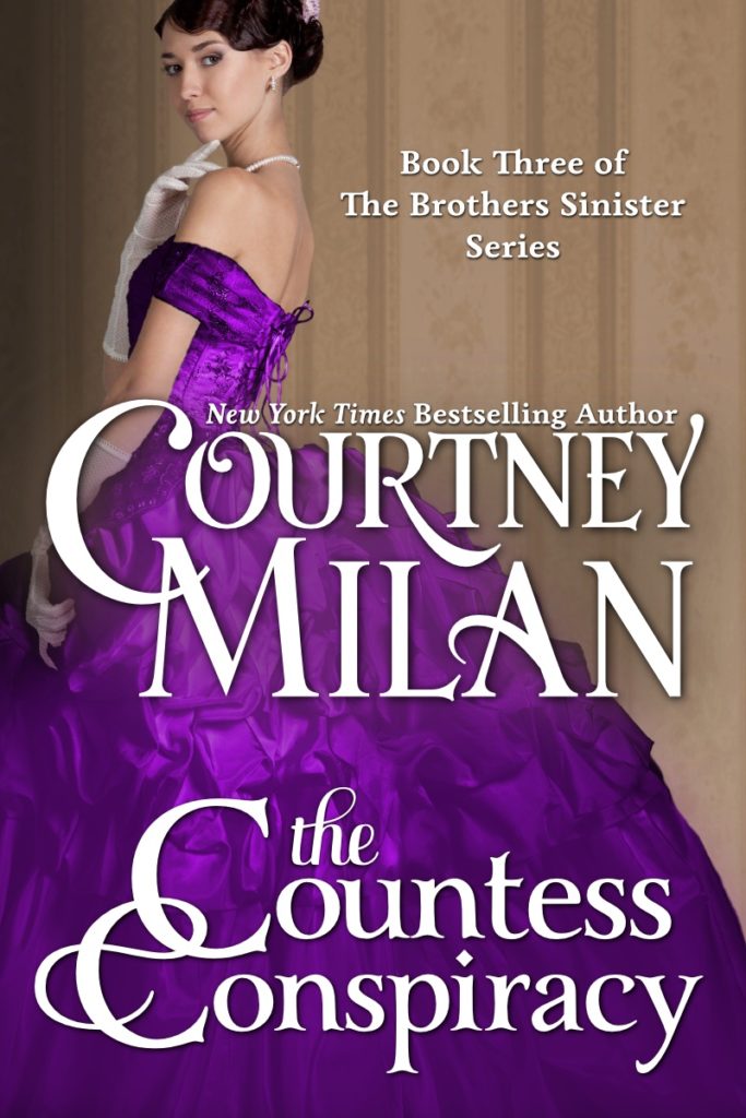 Cover of The Countess Conspiracy by Courtney Milan: a white woman in purple dress touching her chin thoughtfully