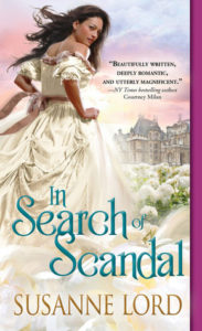 Cover of Susanne Lord's In Search of Scandal: white woman in white dress looking over her shoulder