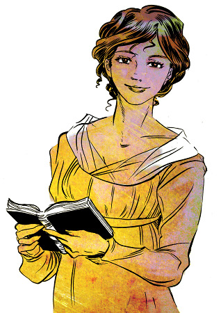 A woman in Regency garb holding a book and looking at the viewer with a smile.
