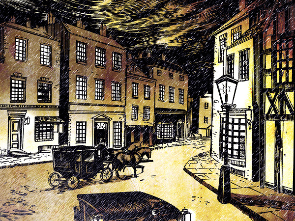 An ink illustration with gold: a historical London street with lamp and a carriage, clouds overhead