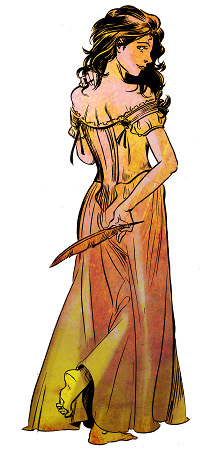 Lavinia holding a quill behind her back and looking over her shoulder