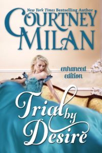 Cover for Trial by Desire: A white woman sitting on a light gold sofa wearing a teal dress