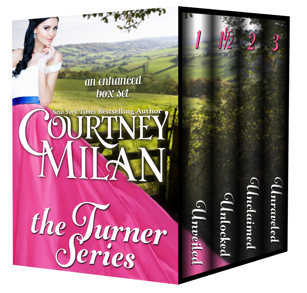 A 3d box set of books: The Turner Series, by Courtney Milan, with 4 separate books. Cover is a white woman with pink skirt