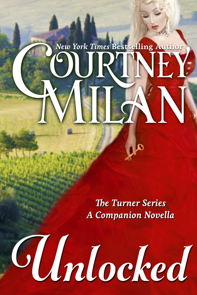 unlocked-full Cover for Unlocked by Courtney Milan: A blonde white woman in a red dress looking at a key