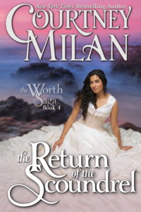 Cover for The Return of the Scoundrel by Courtney Milan: an Indian woman in a frilly white gown looking at the camera with a smile